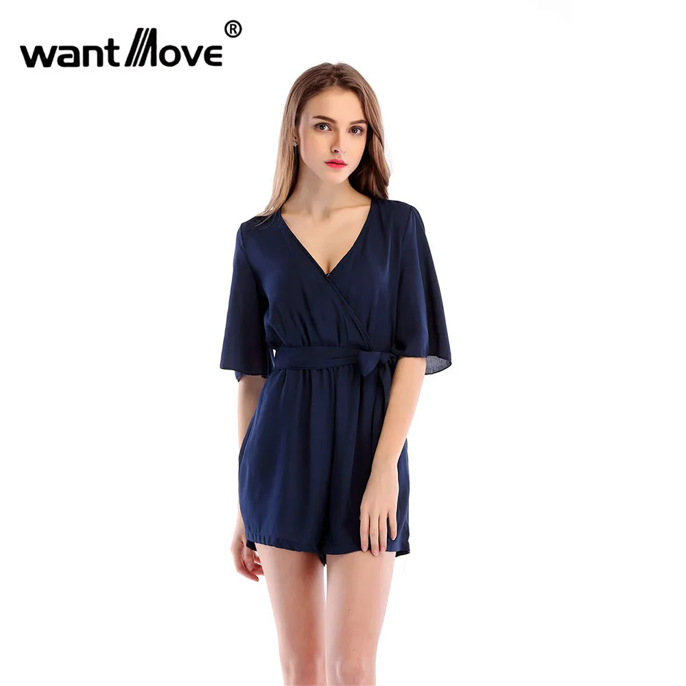 

Wantmove2018 europe and america summer new jumpsuit solid color chiffon v-neek bow belt casual party holiday jumpsuit WM362