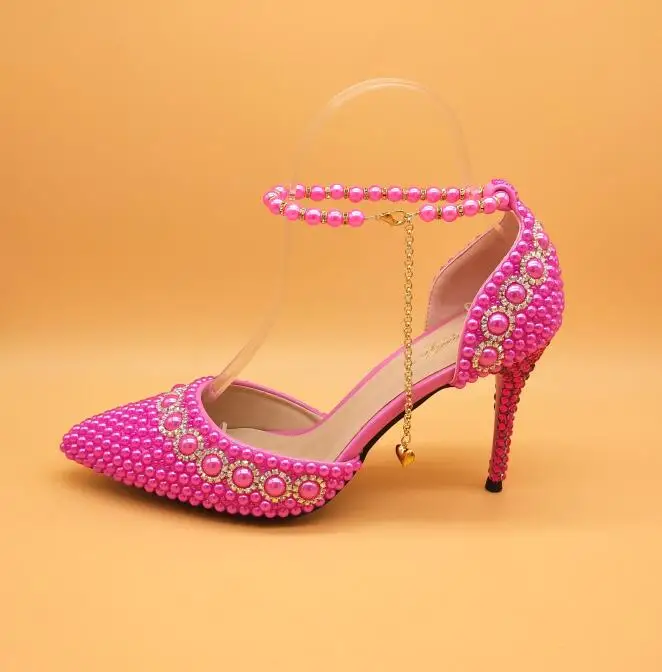 Свадебные туфли белого/бежевого/Королевского синего/Fuschia с жемчугом туфли-лодочки с острым носком на высоком каблуке для невесты женские вечерние туфли с ремешком на лодыжке - Цвет: Розово-красный