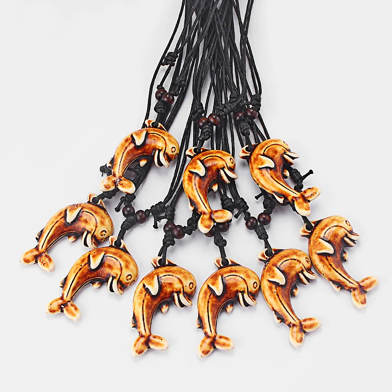 

12pcs Brown Faux Yak Bone Resin Dolphin Charm Pendant Necklace BlackWax Cotton Cord