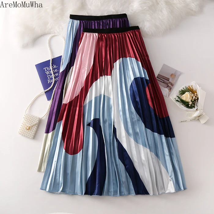 

AreMoMuWha Summer New Fashion Slim Print High Waist A Word Skirt Big Swing Pleated Skirt Long Section Half Body Women SkirtMH384