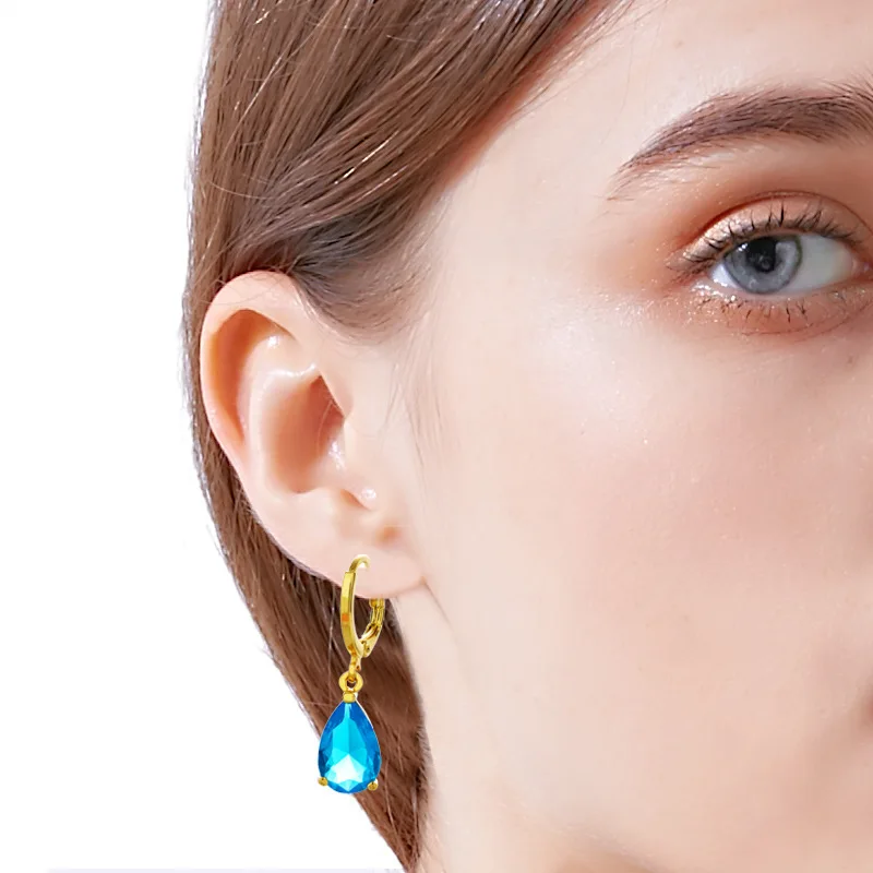 Sea Blue Zircon Earrings Yellow Gold Filled Classic Teardrop Shaped Women's Dangle Accessories Gift | Украшения и аксессуары