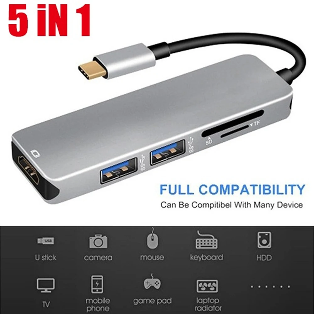 5 в 1 USB C 3 0 к HDMI SD TF кардридер 2 * A адаптер конвертер кабель для MacBook Samsung и т. Д. Тип
