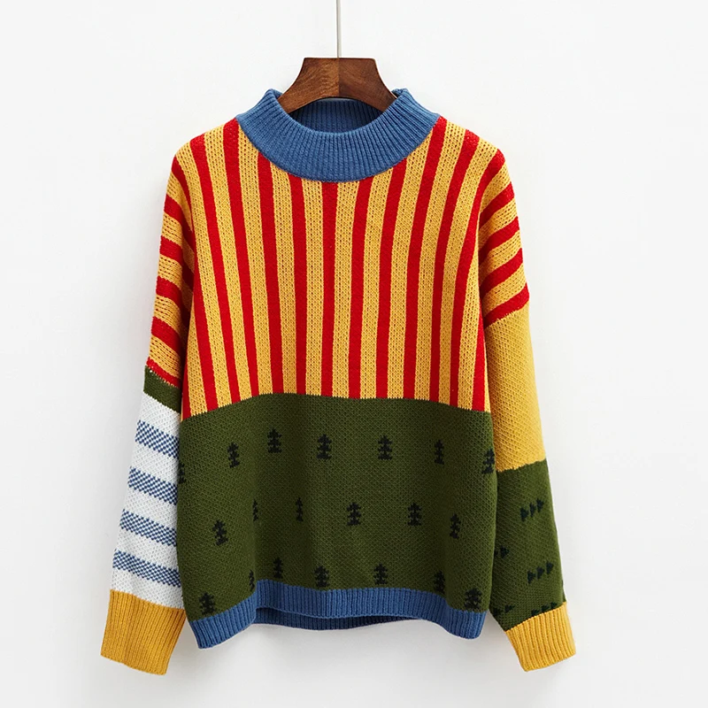 Women's Sweaters Kawaii Ulzzang Loose Wild Color Stitching Knitted Sweater Female Korean Harajuku Jumper Pullover For Women | Женская