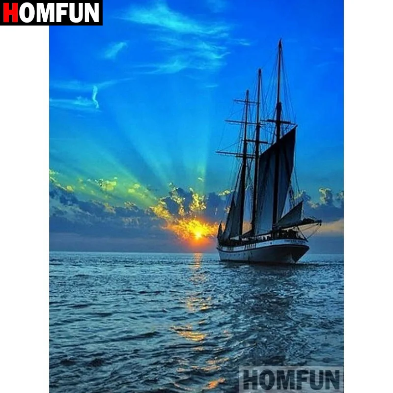 Алмазная 5D картина HOMFUN Лодка закат море с полными квадратными/круглыми стразами