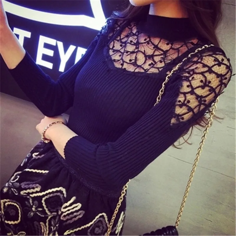 2022 Autumn Winter Women Sweater Turtle Neck Lace Knitted Pullover Female Sexy Knitwear Hollow Long Sleeve Suter Pull Femme | Женская
