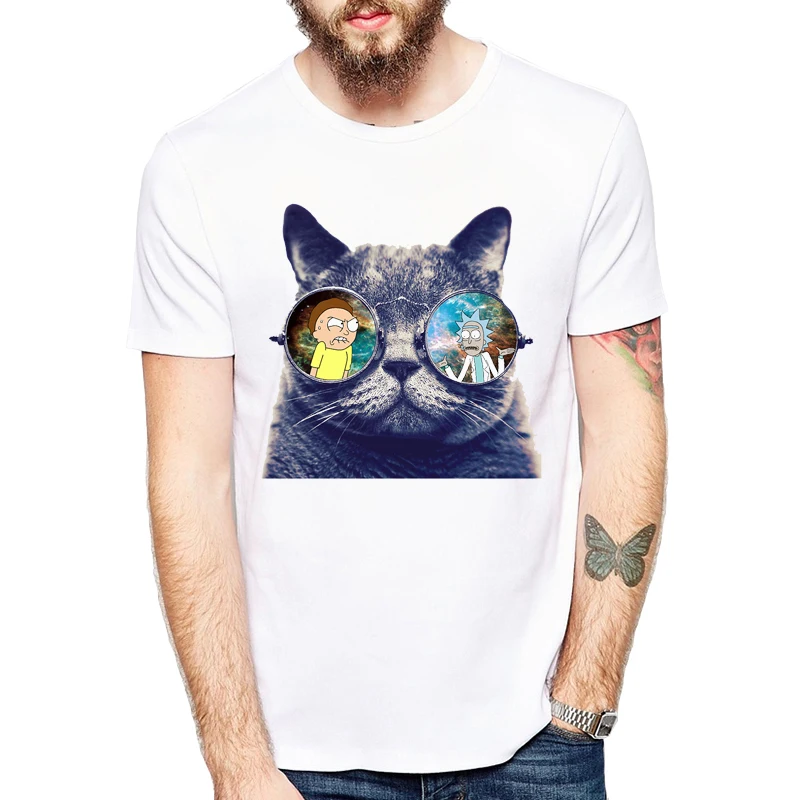 Lasting Charm Hip Hop Rick and Morty Cat Printed Men Short Sleeve Funny design T-Shirt New animal cartooon T shirt | Мужская одежда