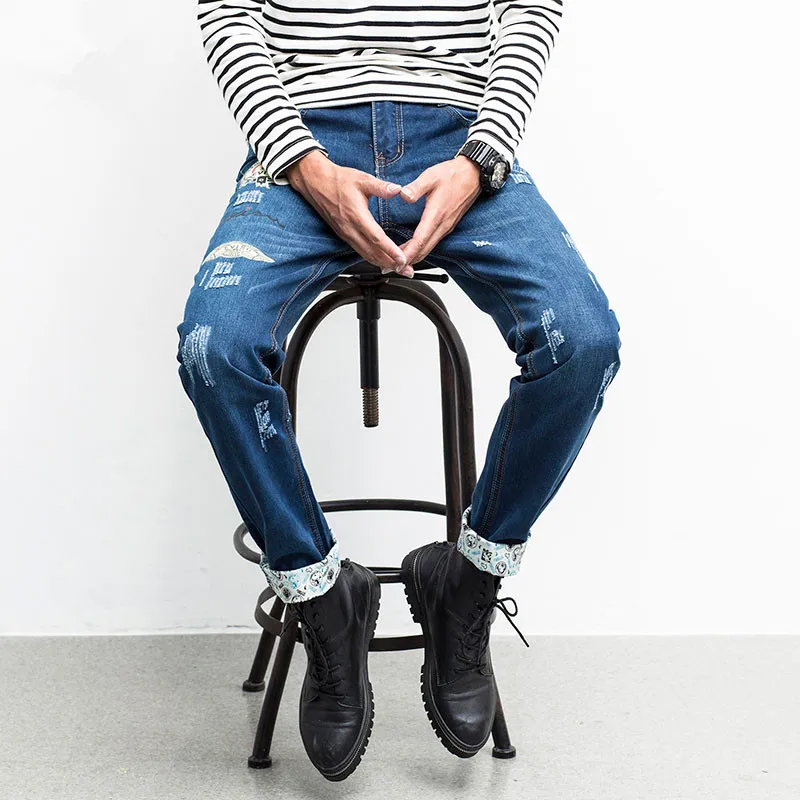 Разорвал Отверстие Джинсы Мужчин 2017 Мода Повседневная Мужские Прямые Fit Жан Для