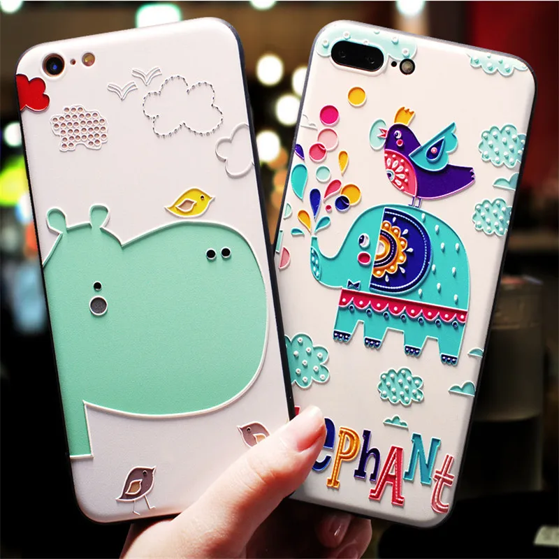 3D Three-Dimensional Relief For iphone 7 Case Hippo Elephant Cat Flower Pattern iPhone 6 6S 8 plus X Soft Silicone |