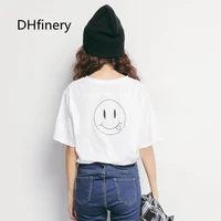 dhfinery summer loose t shirt women print lovely smile casual solid color short sleeve o neck white blue cotton tees tops m333
