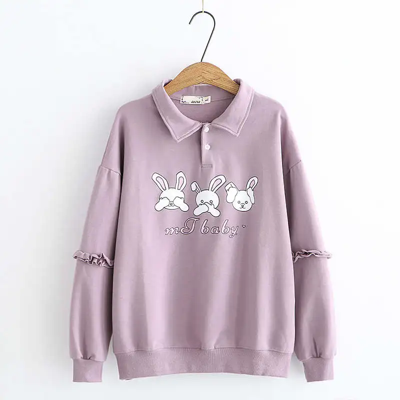 Kawaii Bunny женские толстовки Harajuku милый кролик пуловер с длинными рукавами Kpop 90s прекрасный розовый свитшот верхняя одежда белая одежда - Цвет: Лаванда