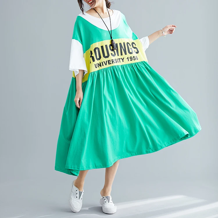 Plus Size Korean Cotton T Shirt Dress Summer Midi Patchwork Dresses For Women 4XL 5XL 6XL 7XL Vestidos Loose Pleated Dress