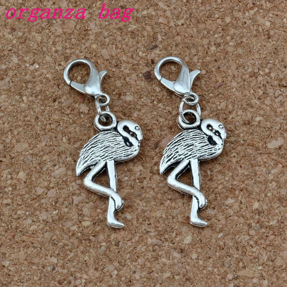 

100Pcs Ancient Silver Zinc Alloy Flamingo Crane Charms Bead With Lobster Clasp Fit Charm Bracelet DIY Jewelry 12x37mm A-272b