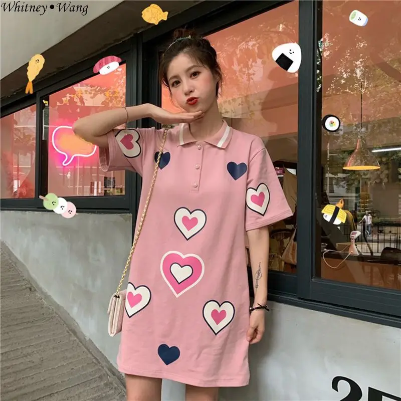 WHITNEY WANG 2019 Летняя мода уличная Милая футболка с сердцем Платье женское