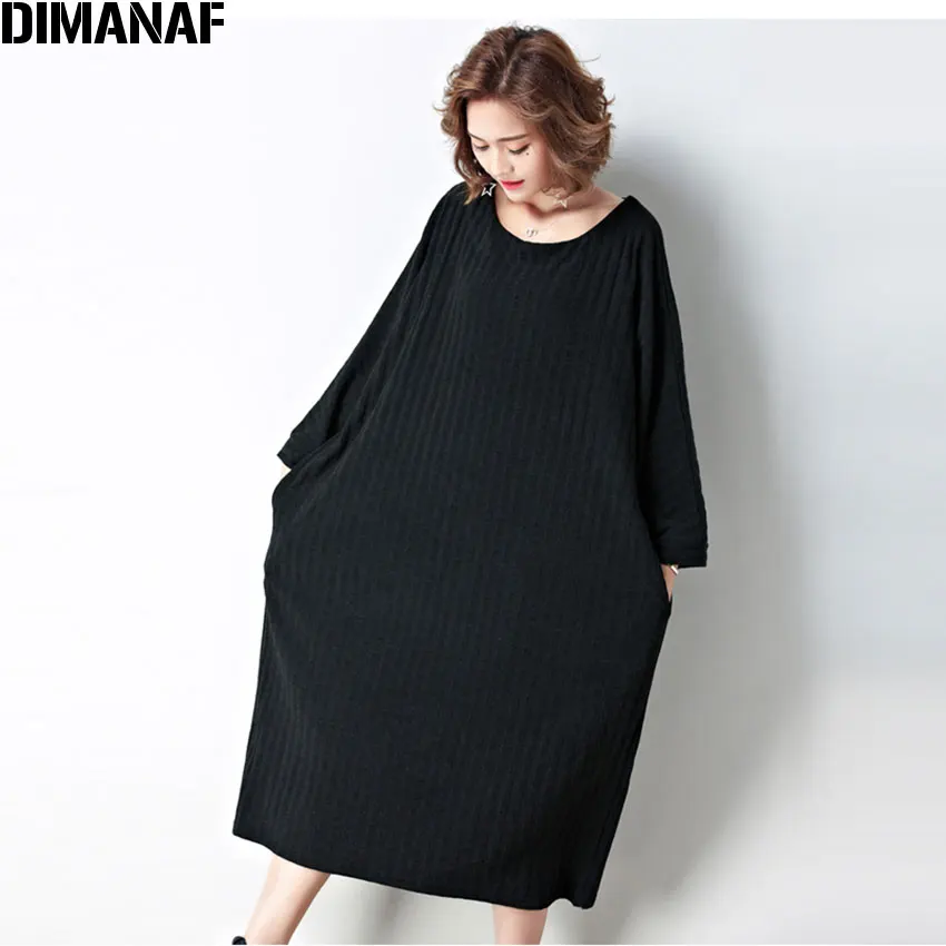 DIMANAF 2017 Women Dress Plus Size Autumn Striped Print Solid Batwing Oversize Cotton Female Casual Fashion Show Thin Warm Dress|warm dress|fashion
