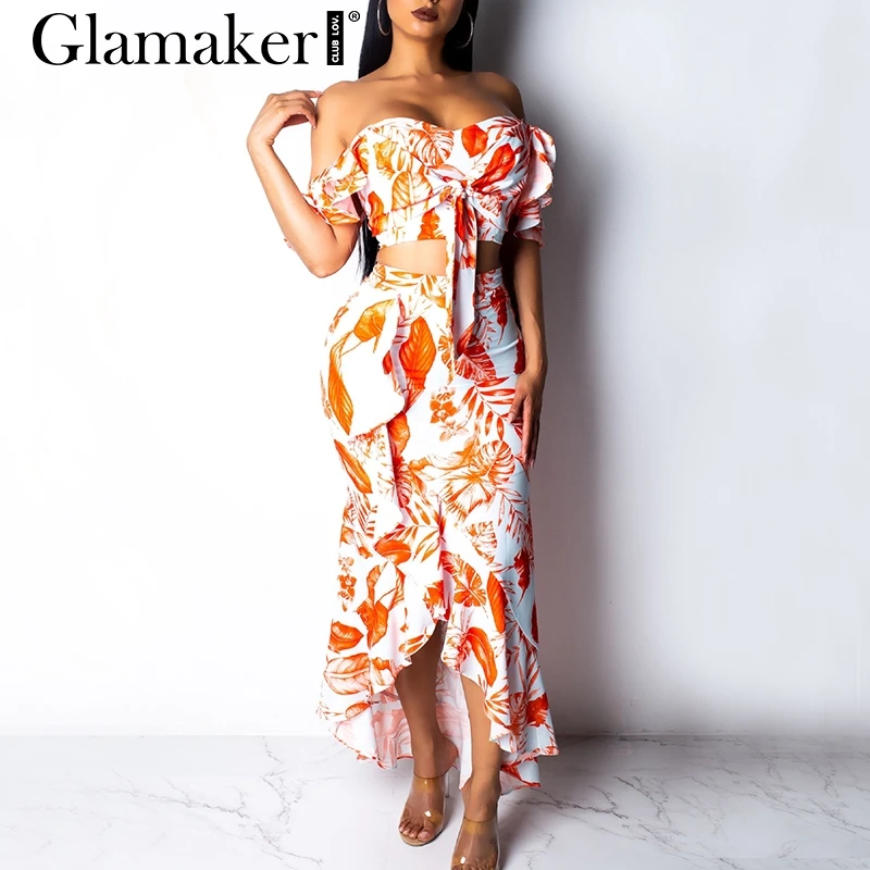 Glamaker, сексуальное платье с асимметричным подолом с оборками, длинное платье для вечеринки, женское платье с открытыми плечами, комплект из 2 предметов, летнее Клубное платье, женское цветочное Пляжное Платье Макси