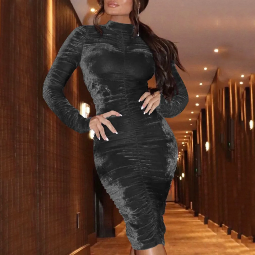 Модные женские туфли платье Vestido Invierno Зимние Женские однотонные с высоким, плотно облегающим шею воротником облегающее платье с рюшами, вечернее платье в обтяжку ягодицы платье красные платья для женщин