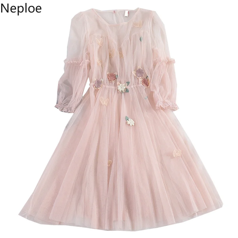 Neploe/весеннее милое платье для девочек, приталенное платье, Vestido+ Camis, 2 предмета, г., вышивка, Бабочка, круглый вырез, рукав-фонарик, сетка, Jupe 43016