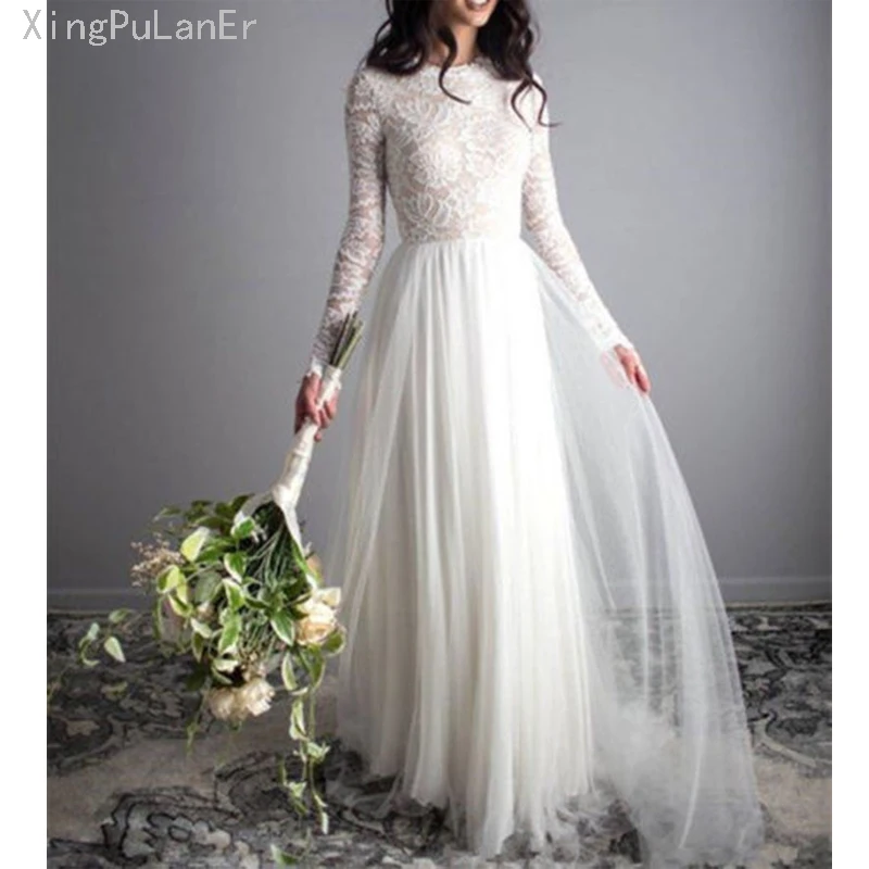 

A line Boho Wedding Dress Lace Tulle Bridal Gowns Long Sleeves Backless Simple Beach Floor Length Wedding Gown