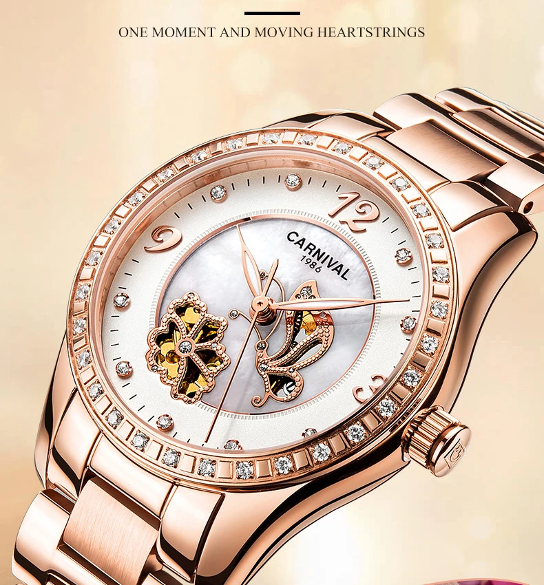 Carnival Mechanical Watch Women Ceramic Clock Butterfly Design Women's Watches Top Brand Luxury Women Sapphire Crystal Female