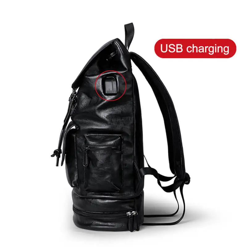 Мужской кожаный рюкзак PURANI черный для путешествий с usb-кабелем вместительный