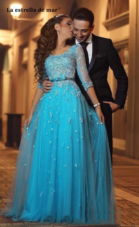 Robe de bal longue2019 Новое Кружевное Кристальное платье с длинными рукавами ALine сексуальное прозрачное бирюзовое платье плюс размер черное вечерное платье для женщин