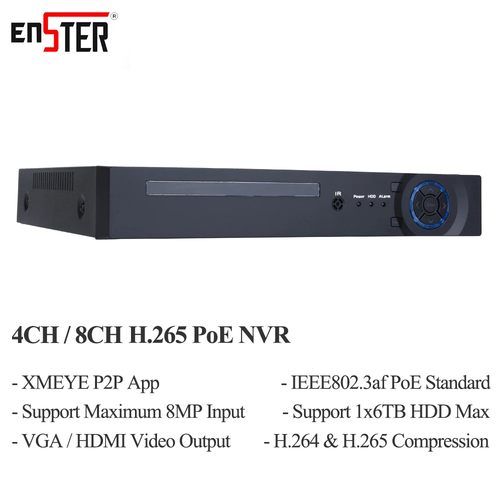 4 канальный 8 сетевой видеорегистратор ENSTER 48 В H.265 с портами IEEE802.3af PoE поддерживает