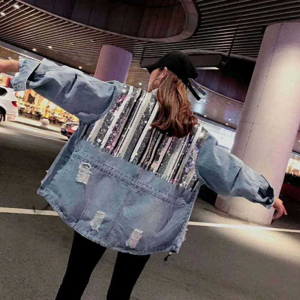 

Bling Sequins Jean Coat jeans Jacket 2020 women Striped Denim Coats Female Color Block Jackets Casual Vintage Outwear LT062S50