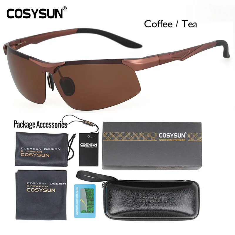 CoffeeTea LuxuryPKG COSYSUN, Брендовые мужские солнцезащитные очки, мужские поляризованные солнцезащитные очки, без оправы, алюминиевый сплав, зеркальные линзы, солнцезащитные очки для вождения, Oculos de sol CS0511 - Цвет линз: CoffeeTea LuxuryPKG