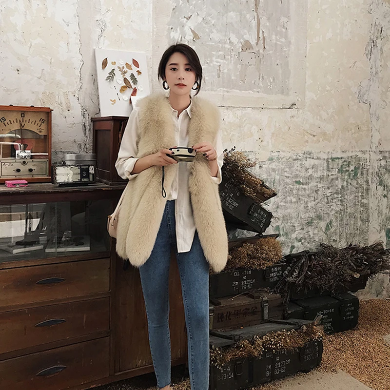 New Whole Leather Fox Fur Grass Vest Mink Coat Female Long Section Slim Slimming Vest Autumn And Winter Women'S Jacket Leather