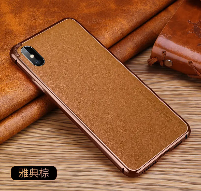 Чехол для iphone XS Max с алюминиевой металлической рамкой+ наклейка из натуральной кожи, чехол для телефона для iphone XR X 6 6S 7 8 Plus, чехол