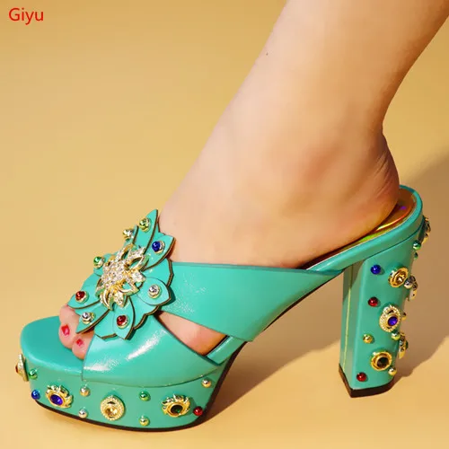 

doershow Shoes Women Luxury 2019 African Wedding Shoes and Bag Set Decorated with Rhinestone Ladie Square Heels Sandals HGF1-12
