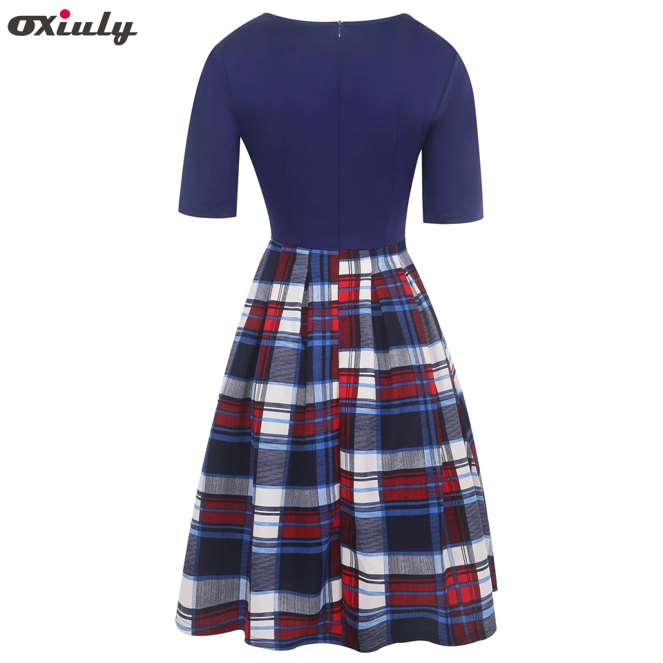 Винтажное платье Oxiuly с коротким рукавом и круглым вырезом Vestidos женское