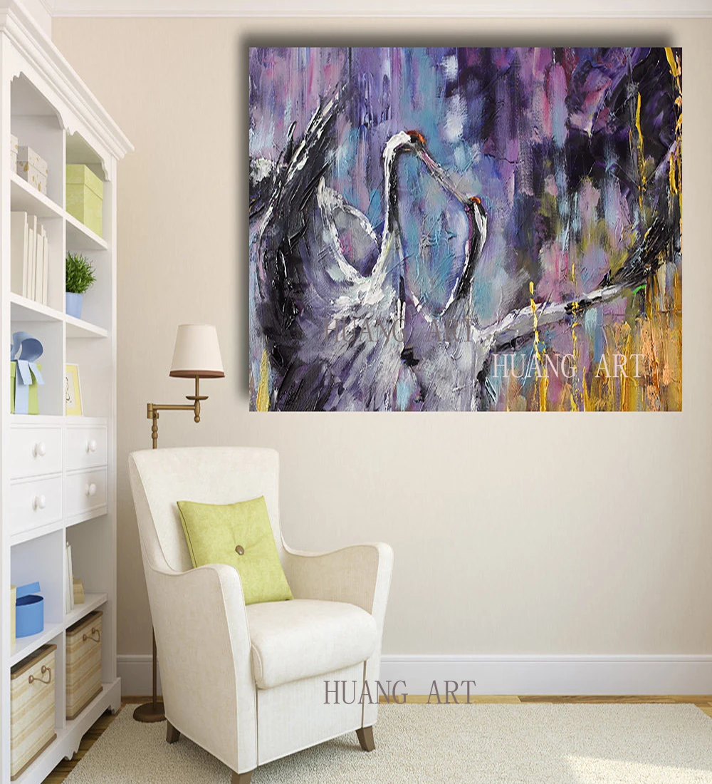 

large 100% hand painted knife animal Oil Painting on Canvas Abstract Animal Wall Art for Home Decoration Crowned crane painting
