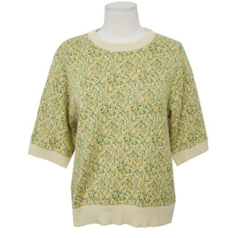 

PERHAPS U Women Knitting Short Sleeve O Neck Shape Casual Yellow Literary Small Floral T-shirt B0499