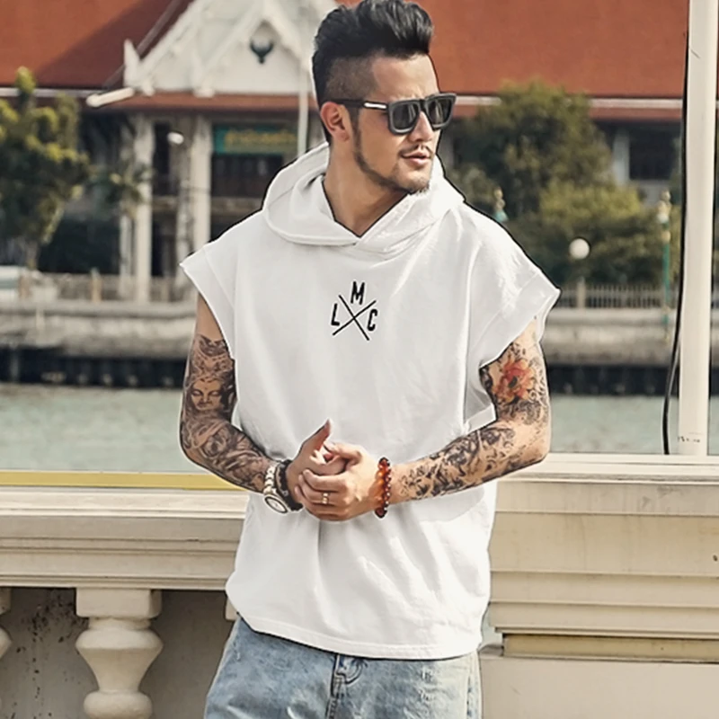 Metrosexual Men new spring summer black sleeveless hip hop Hooded tank tops European style printed letter | Мужская одежда