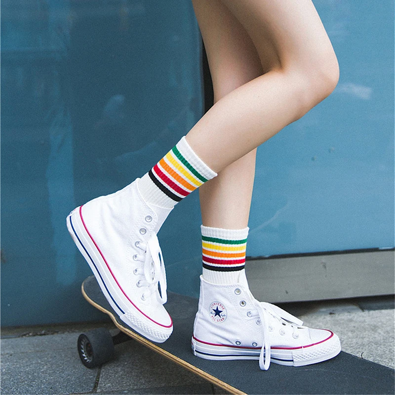 

1Pairs Fashion Women's Socks Cotton Rainbow Stripes Christmas Gift Classic Warm Casual Tide Harajuku Funny Cute Pop Korean Socks