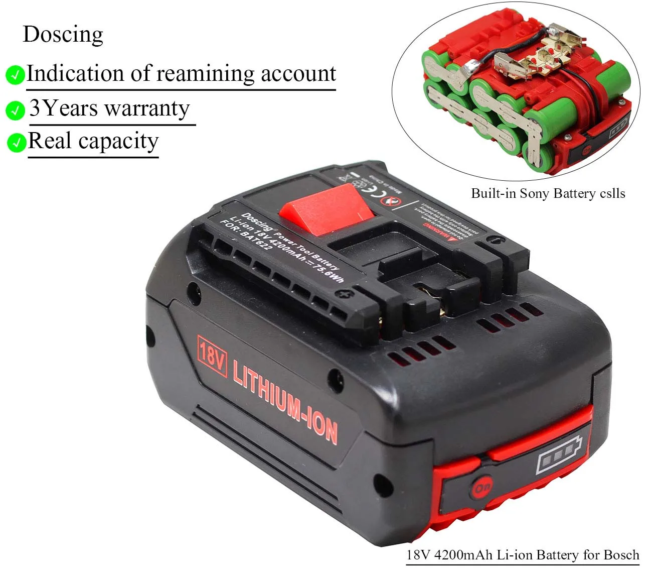 1Pcs Doscing 18 в 4200 мАч аккумуляторные батареи для Bosch аккумуляторные электроинструменты BAT609 BAT610G BAT618 BAT620 BAT622 GSR18V-LI - Цвет: 1Pcs
