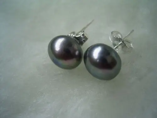 

Free shipping NEW HOT 10-11 mm Tahitian Black Pearl Stud Earrings 14K/20 white SOLID GOLD