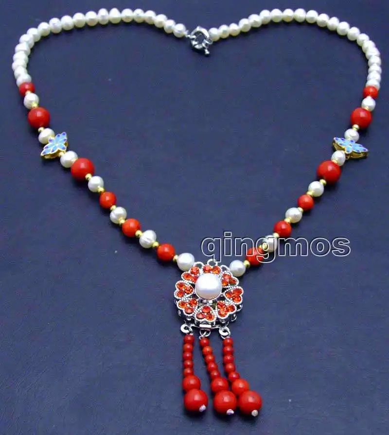 Продажа 6-7 мм белый круглый натуральный FW жемчуг и красный коралл &amp 25 кулон 20