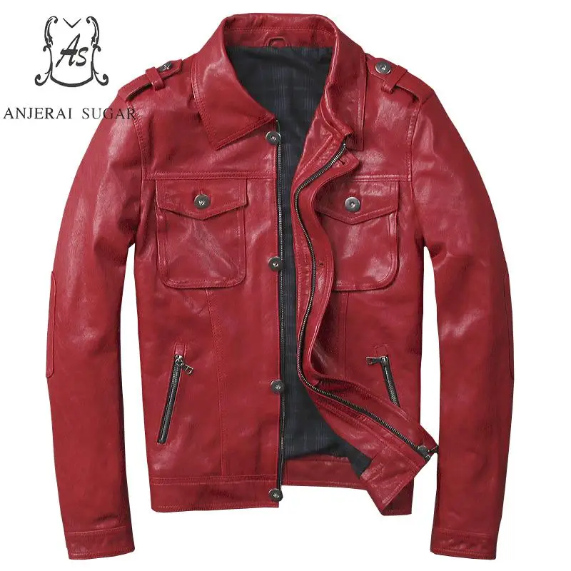 

Мужская куртка из натуральной овечьей кожи размера плюс, красная мотоциклетная куртка с отложным воротником и коротким карманом на молнии, ...