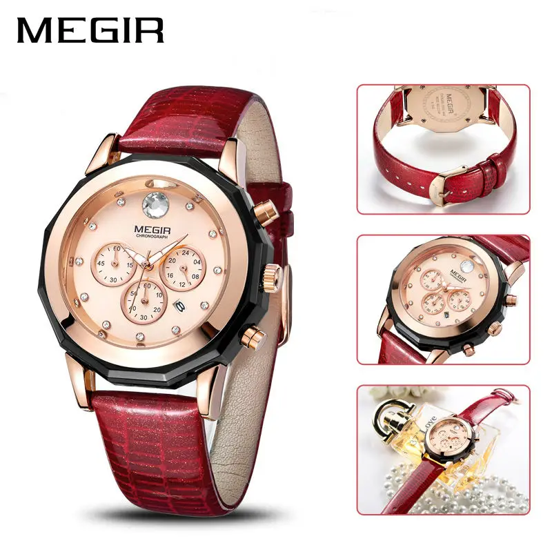 Новый MEGIR женские часы модные светящиеся кожаные кварцевые наручные Montre Femme для