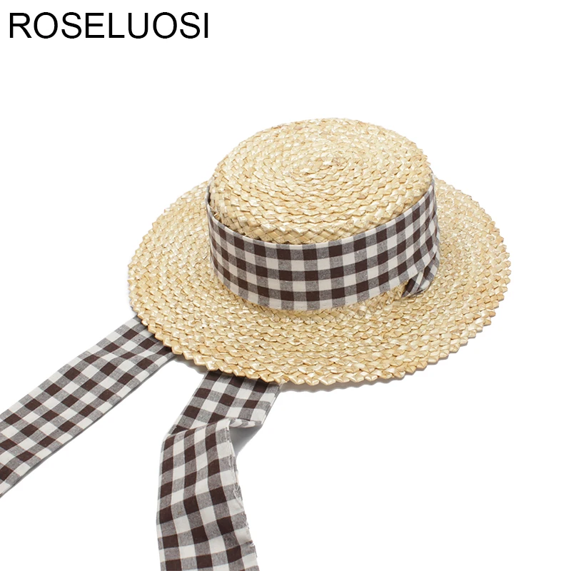 Шляпа ROSELUOSI женская Соломенная Панама от солнца с плоским верхом клетчатым