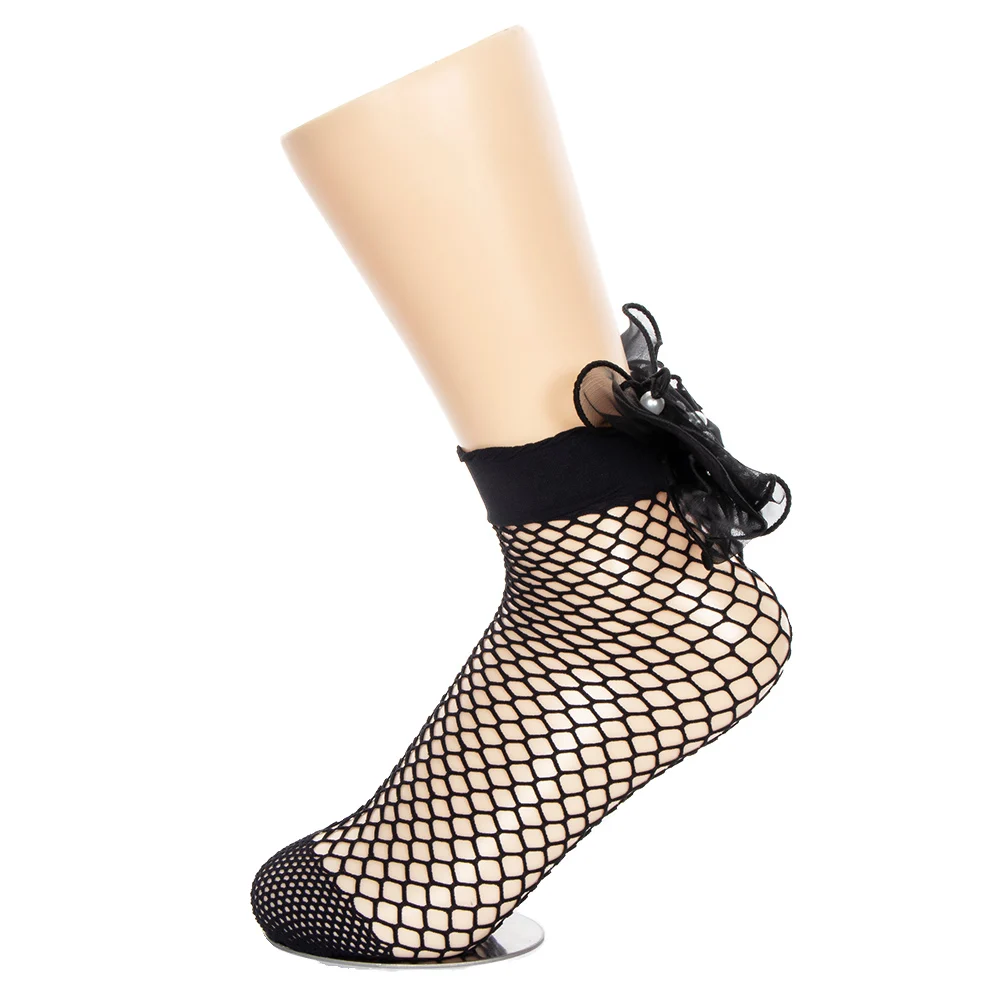 Модные женские ажурные носки с кружевным бантом украшенные жемчугом