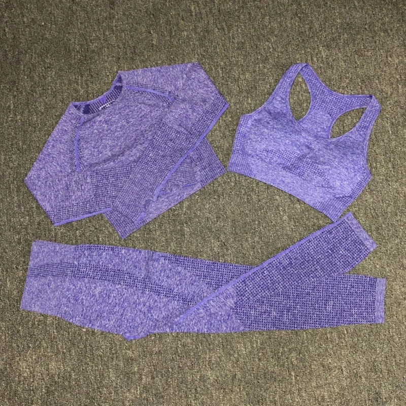 Women's Sportswear Yoga Set Vital Seamless Leggings+Sport Brassiere+Long Sleeve Crop Top 3PCS Sports Suits Gym Workout Clothing