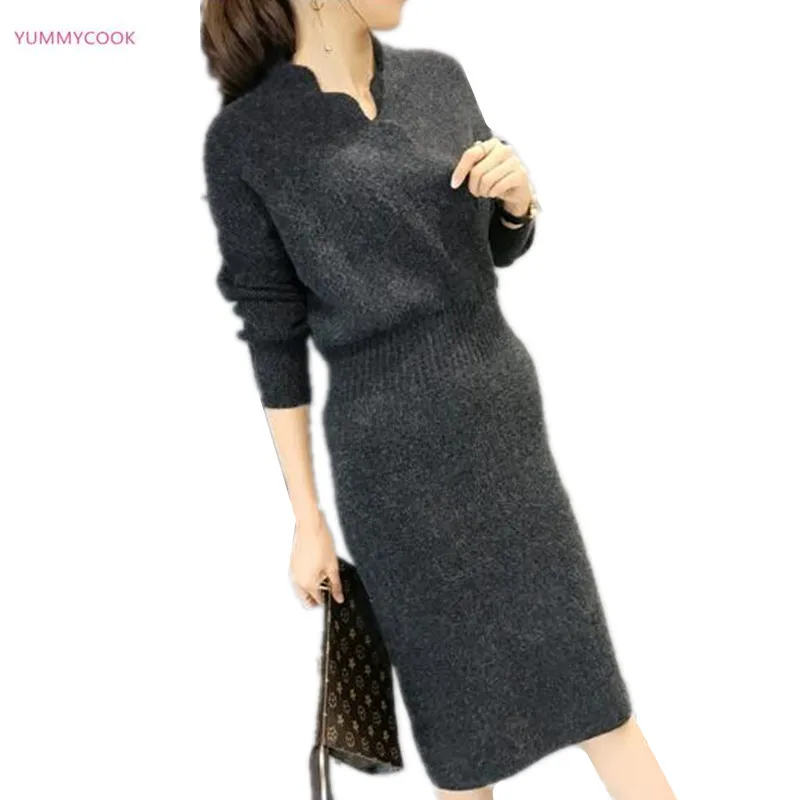 Осеннее модное женское сексуальное вязаное платье свитер с v образным вырезом