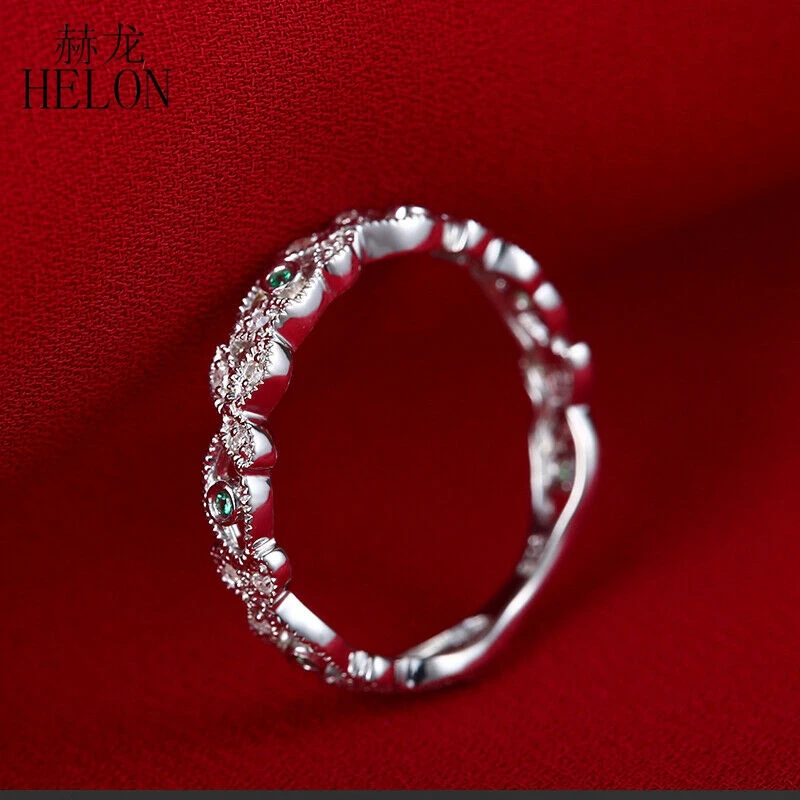 HELON Solid 14K(AU585) белое золото 0.2CT натуральные бриллианты изумруд тонкой свадьбы юбилей кольцо женские модные праздничные ювелирные изделия