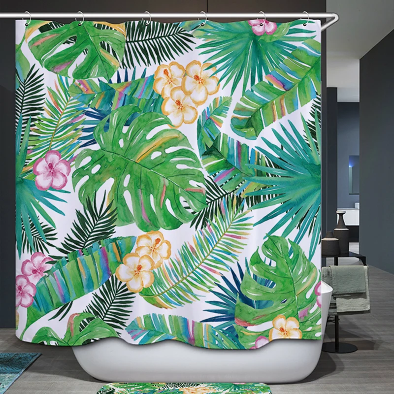 Занавеска для душа ванной тропические растения зеленые листья занавески