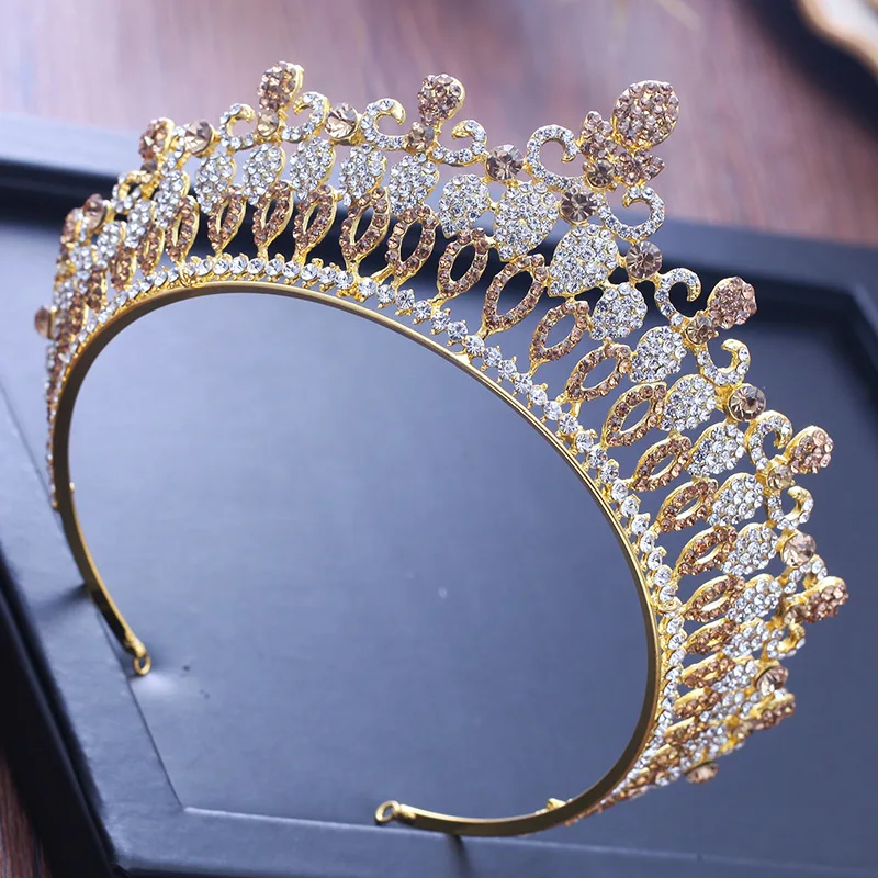 Барокко золото шампанское кристалл свадебные диадемы Короны диадема Pageant Выпускной Вуаль со стразами тиара повязки на голову свадебные аксессуары для волос