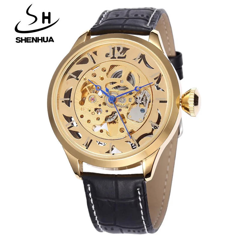 

Shenhua Watch Men Leather Band Automatic Mechanical Self Wind Watches Men Luxury Gold Skeleton Wrist Watch Relogio Masculino