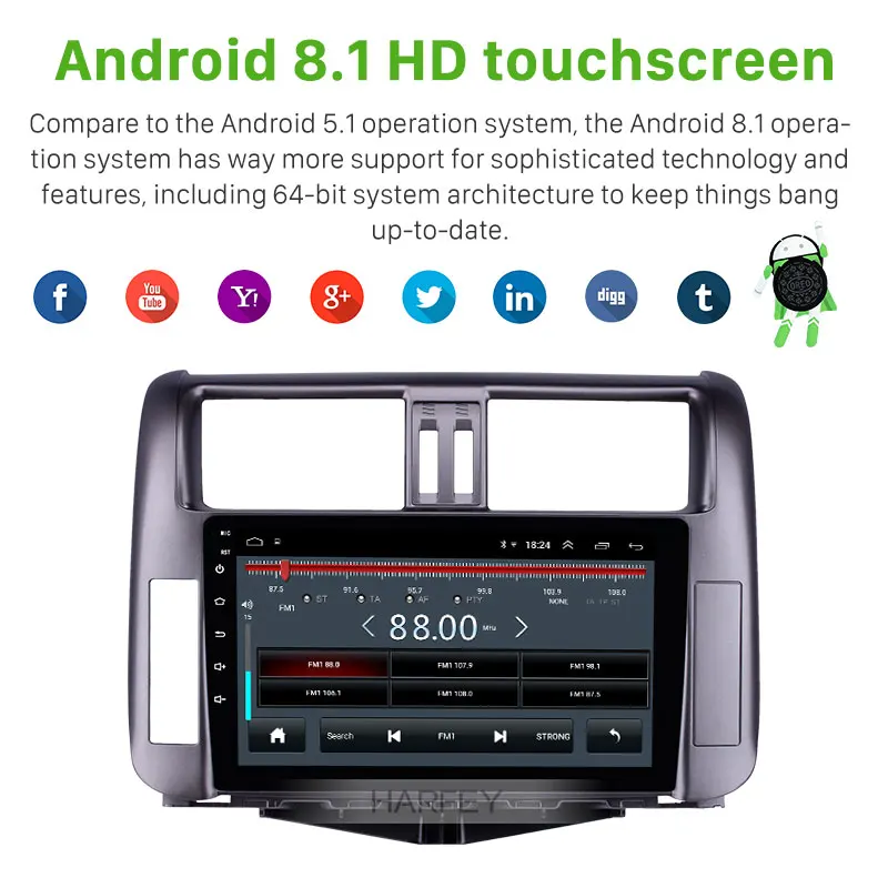 Harfey 9 дюймовый сенсорный экран для GPS системы Android 8 1 Toyota Prado 150 2010 2013 радио с 1024*600